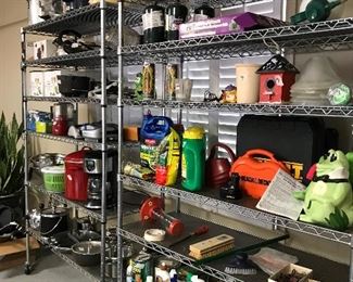 Metal shelving unit(one) lots of garage items