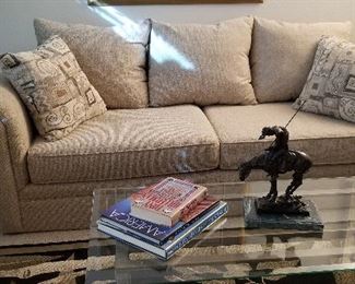 #6 - Soft Beige Sofa - $295  - Glass Coffee table - $95 - the end of the trail sculpture has sold.