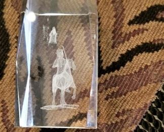 #44 - Etched man on horse in glass, sits on black base and is battery operated and lights up - $15