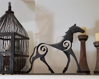 #88 - Birdcage 34in high - $65 - Metal horse 21 in high x 26 in long - $48 (HORSE SOLD) - Set of 3 large wooden candle holders 14, 18, & 22in tall . (Candle holders set SOLD). Birdcage is still available.