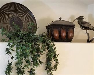 #89 -Very Large Decorative Plate with beautiful metal holder (Large plate SOLD) - Metal box - (metal box SOLD) - Metal bird sculpture $34.50 (SOLD).