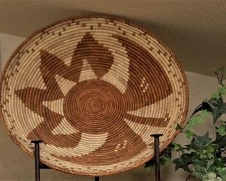 #97 Large woven shallow basket with metal holder - $75