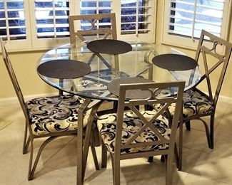 #2 - Kitchen table and four chairs. Metal, glass & fabric seats. $175.