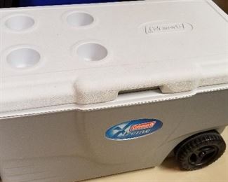 #128 Coleman tailgate cooler with cup holders and wheels - $28
