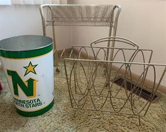 Vintage record holder, magazine rack and North Stars garbage can. Triple treat of vintage items!