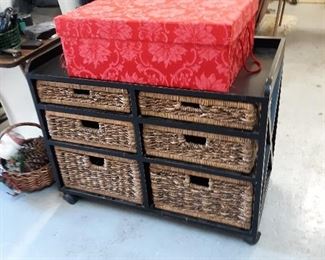 6 drawer basket and wood rolling cart.