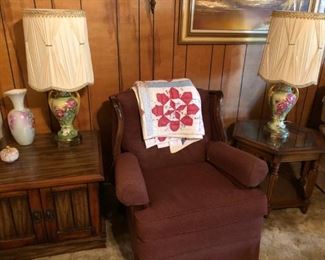 Upholstered chair, pair hand painted lamps, quilt, side table - QUILT SOLD
