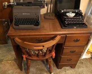 Maple desk & chair, vintage typewriters - SOLD