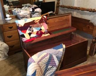 Queen bed, Lane cedar chest, old cedar chest, dresser & mirror