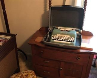 Oak washstand, Smith-Corona typewriter w/case, rocking stool, coat rack