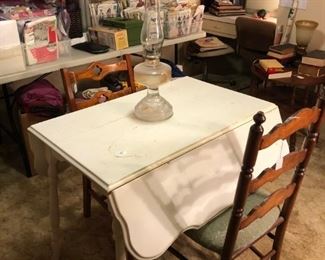 Shabby chic white drop-leaf table (SOLD)2 good old chairs, sewing, oil lamp - TABLE & OIL LAMP SOLD