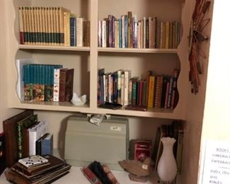 Books, World Book encyclopedias, kid's Bible stories, Kenmore sewing machine, hobnail lamp