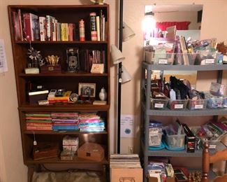 Mid-century lamp, 2 bookcases stacked (bottom one has glass doors), records, misc - LAMP SOLD