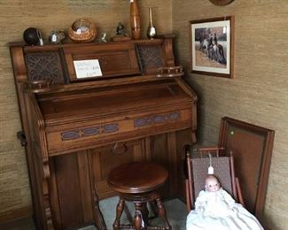 Vintage Windsor Organ with wood piano bench with glass ball and claw feet, child's rocker
