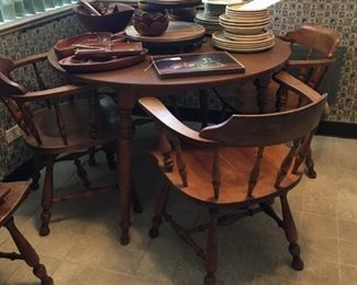 Kitchen table and Captain's chairs (5), wood bowls and serving pieces, dish sets