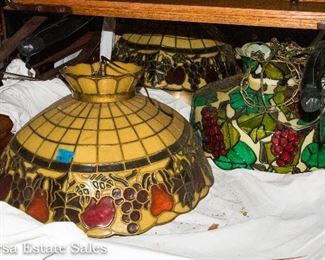 several LEADED glass hanging lamps