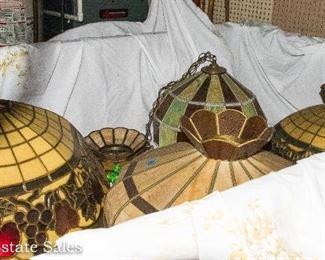 several LEADED glass hanging lamps