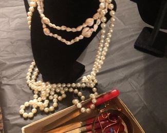 LOTS OF COSTUME JEWELRY, SOME STERLING & 2 WEDDING RINGS - 14K GOLD & DIAMOND! Rings are $900.00... Everything else shown just $40.00 (vintage knife set, 2 watches, & gold tone necklace)