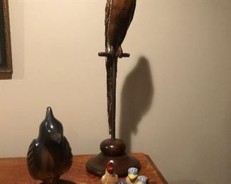Brass stand / wood carved Parrot $40.00 Small hand painted & carved Cardinal $30.00