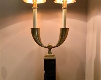 Pair of Chapman double arm brass and stone buffet lamps.