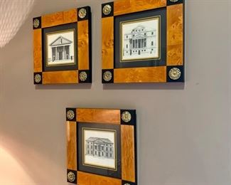 Trio of Colen Campbell engravings in birdseye maple frames with brass detail.