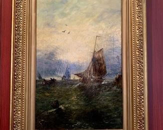 Antique oil on canvas......"Sailboat on a Stormy Sea". Measures 27.5" x 37"