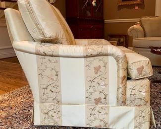Pair of custom upholstered silk rolled arm chairs by TRS furniture.