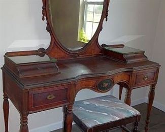 Matching Walnut Vanity With Mirror & Bench