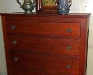 Period Cherry 3 Drawer Chest Of Drawers, Seth Thomas OG Weight Clock, Pewter & Granite Tea Pots