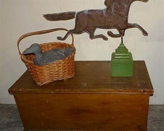 Early Dovetailed Blanket Box, Horse Weathervane, Old Basket, Duck Decoy