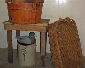 Country Primitives Including Wooden Tub, Wringer, Large Basket, Stoneware, Duck Decoy