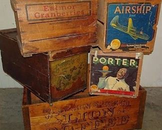 Wooden Advertising Boxes Including Lion Coffee