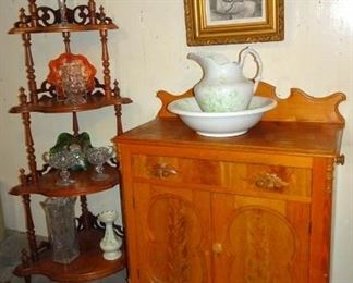 Walnut Victorian Washstand, Corner Shelf, Fine Glassware
