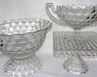 American Fostoria Punch Bowl W/ Base, Square Cake Stand, Console Bowl