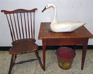 Period Fan Back Windsor, Tapered Leg Table, Primitive Swan Decoy 