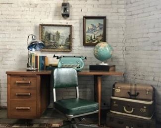 Mid-Century Modern Desk, Industrial "Steelcase" Office Chair, Vintage Globe, Art Work