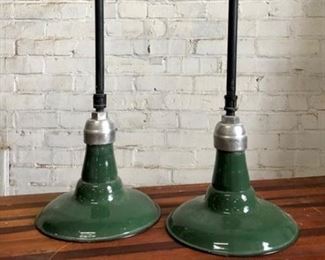 Pair Of Green Enameled Hanging Lamps