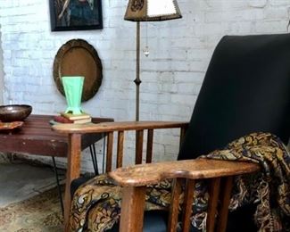 Oak Claw Foot Reclining Chair, Bridge Lamp, Accessories.