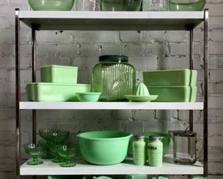 Green Depression Glass, Fire King  & McKee Jadite Refrigerator Dishes, Mixing Bowls, Dinnerware, Salt & Pepper, Juicer