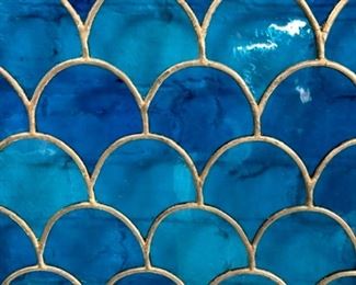 Blue Fish Scale Art Glass Window, Close Up