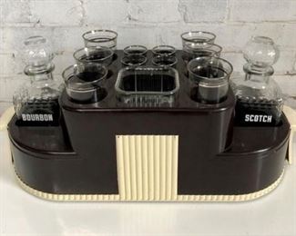 Deco Bakelite Bar Set With Original Bourbon & Scotch Decanters & Glasses