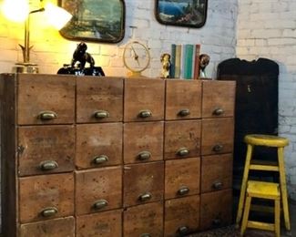 20 Drawer Wooden File Cabinet, Vintage Step Stool