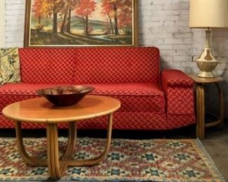 Vintage Mid-Century Sofa, Large Scenic Framed Art, Vintage Accents