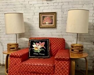 Matching Vintage Mid-Century Modern Side Chair, Bamboo 3 Piece Coffee & End Tables & Matching Lamps