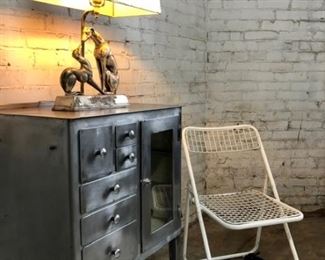 Metal Barber/Dental Cabinet, Greyhound Figural Base Lamp, Wire Folding Chair