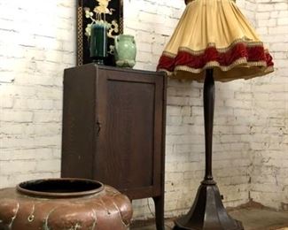 Vintage Floor Lamp, Oak Music Cabinet, Large Copper Jardinière (Jauchen's) 