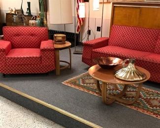 Mid Century Coral Sofa and Chair