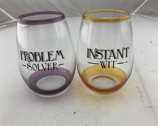 set of witty wine glasses - problem solver and instant wit