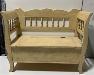wooden storage bench with back railing