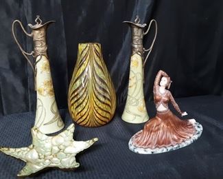 2 decorative canisters, one vase, one starfish bowl, one lady dancer